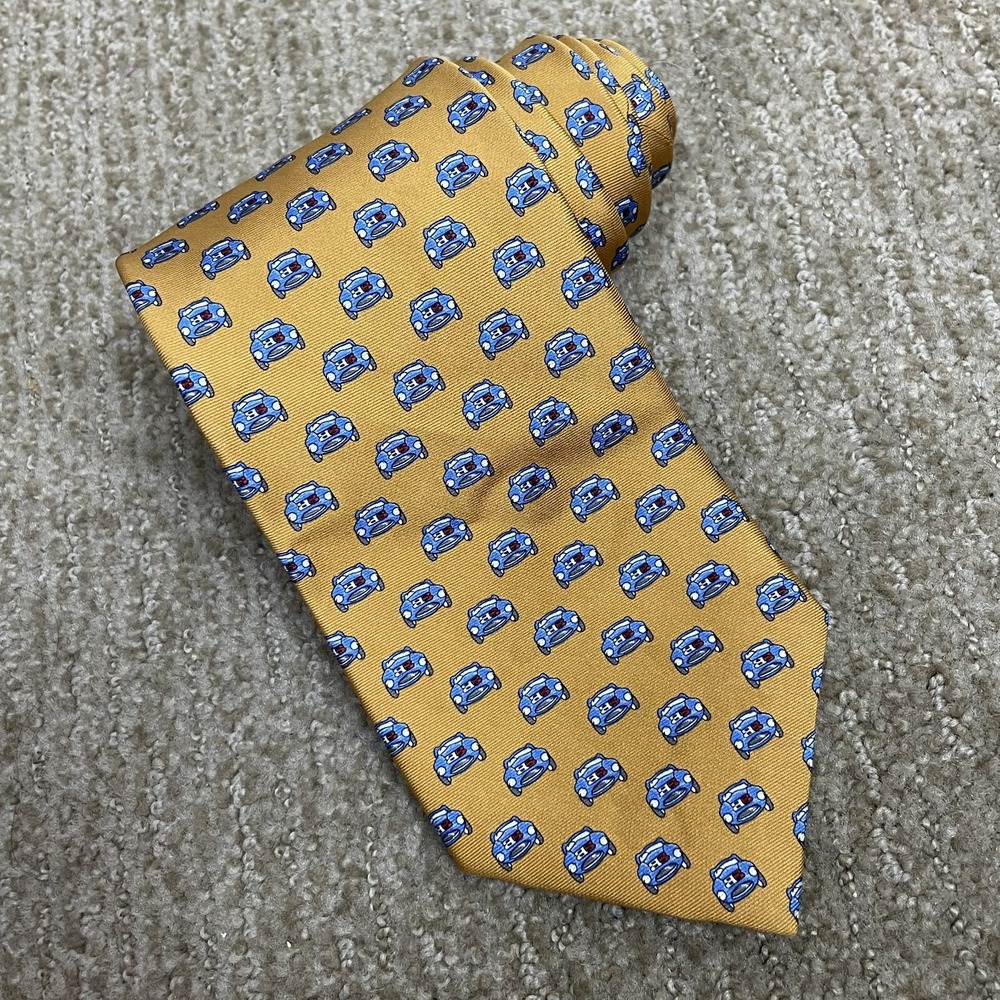 Brooks Brothers Makers Necktie Gold Blue Car Motif All‎ Over Print 3.75" x 61"